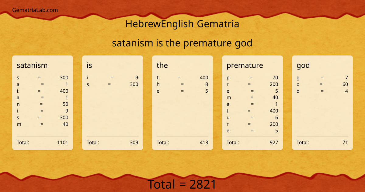 satanism is the premature god in hebrewEnglish Gematria